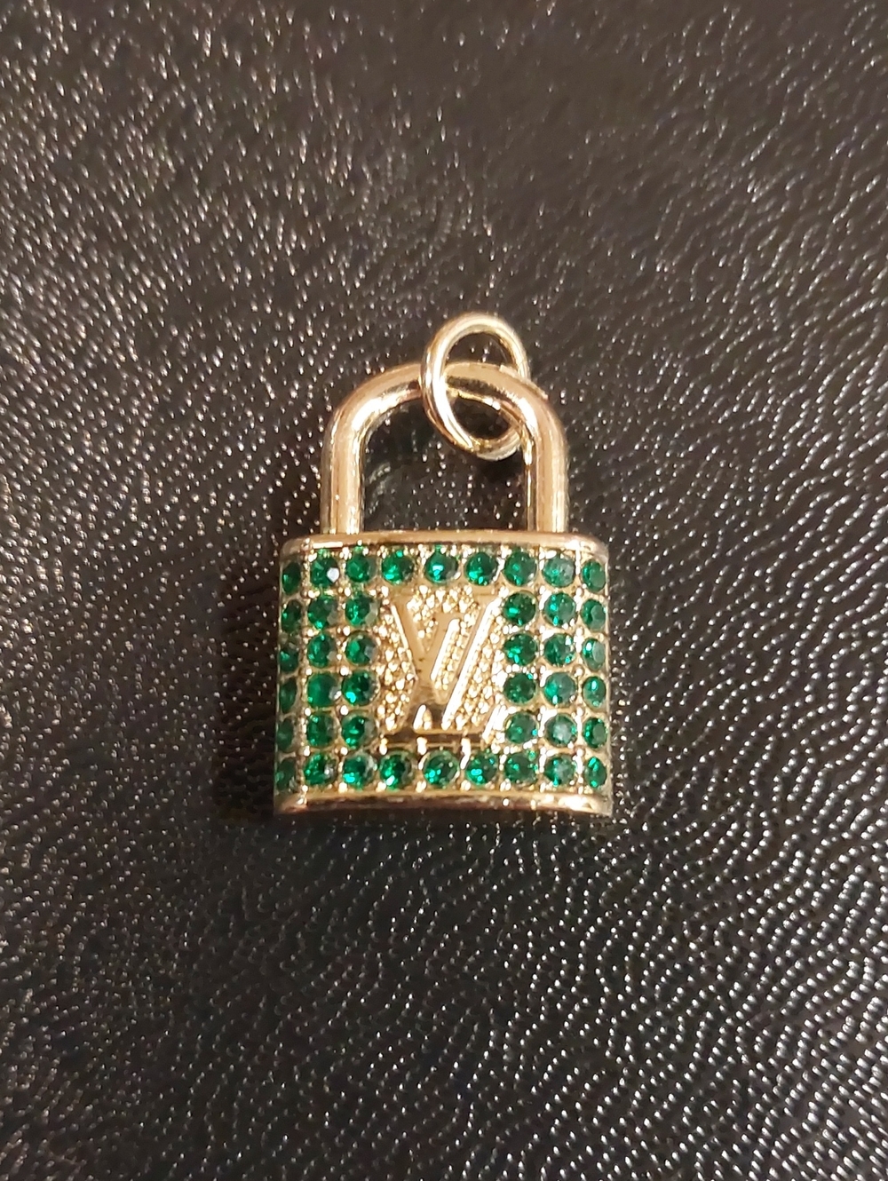 LV Gold Padlock Charm Pendant with Green Crystal Accents